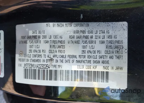 2010 Mazda Cx-9 Sport from USA, damaged, VIN JM3TB3MVXA0230264